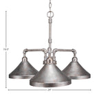 Vintage Three Light Chandelier in Aged Silver with 10" Aged Silver Cone Metal Shade Shade