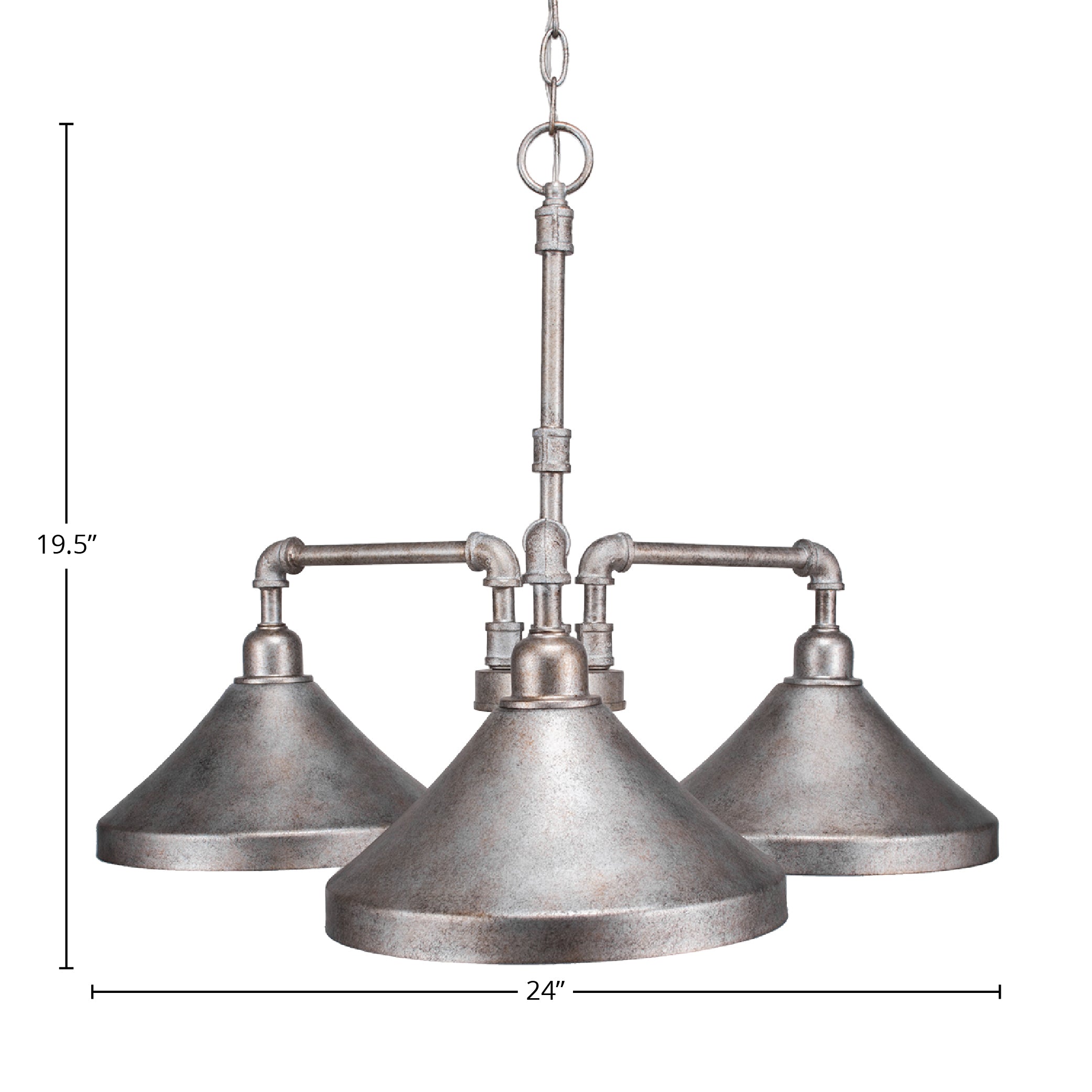 Vintage Three Light Chandelier in Aged Silver with 10" Aged Silver Cone Metal Shade Shade