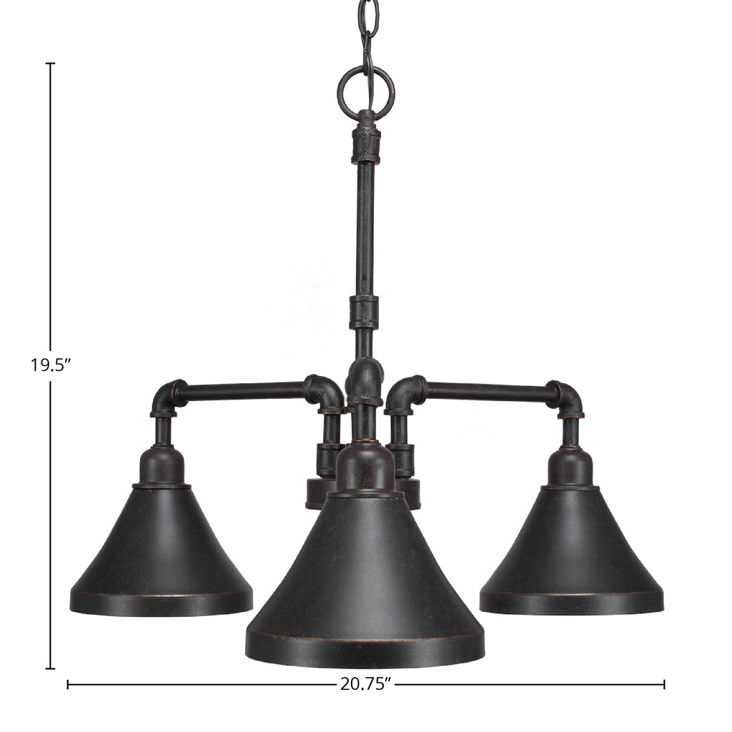 Vintage Three Light Chandelier in Dark Granite with 7'' Dark Granite Cone Metal Shade Shade