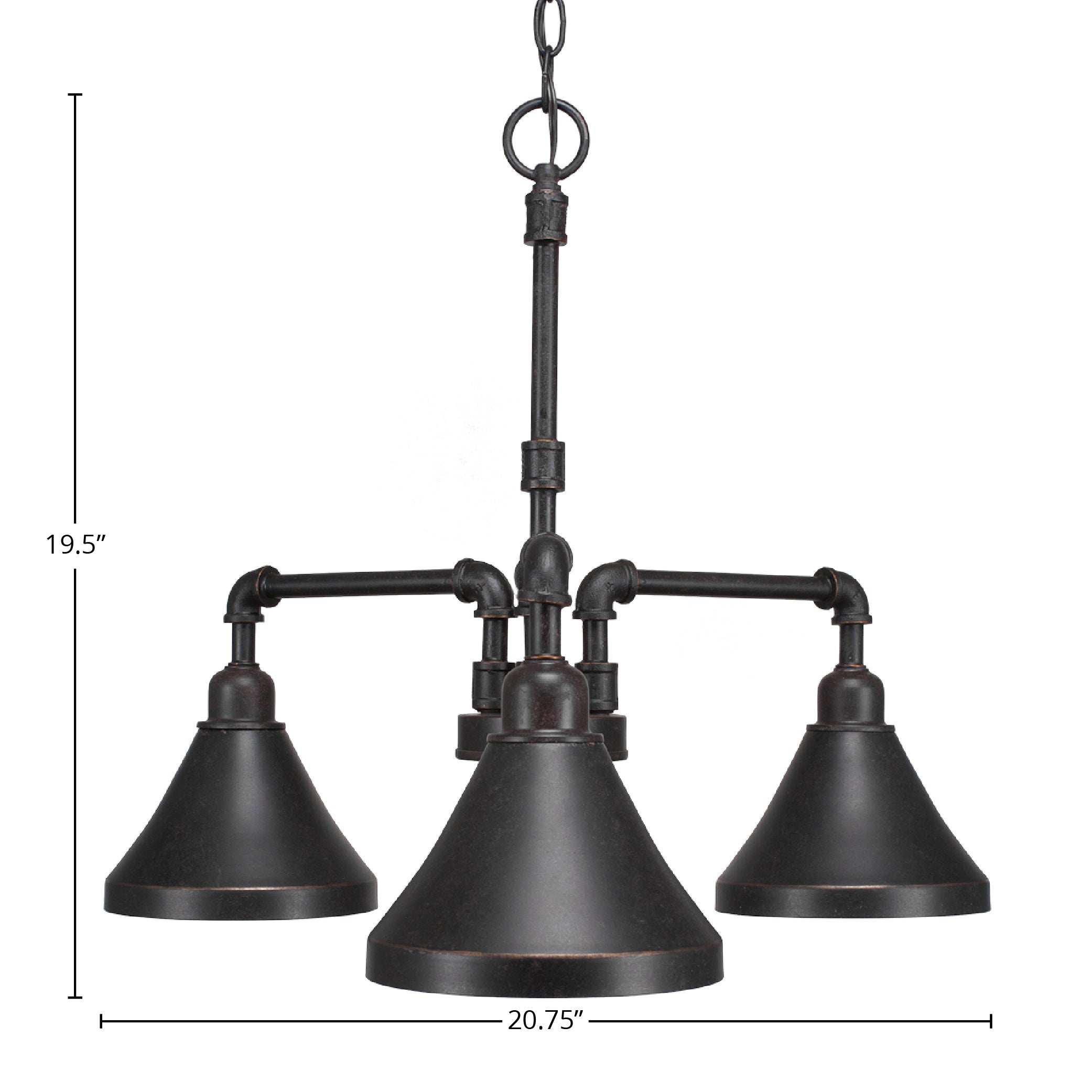 Vintage Three Light Chandelier in Dark Granite with 7'' Dark Granite Cone Metal Shade Shade