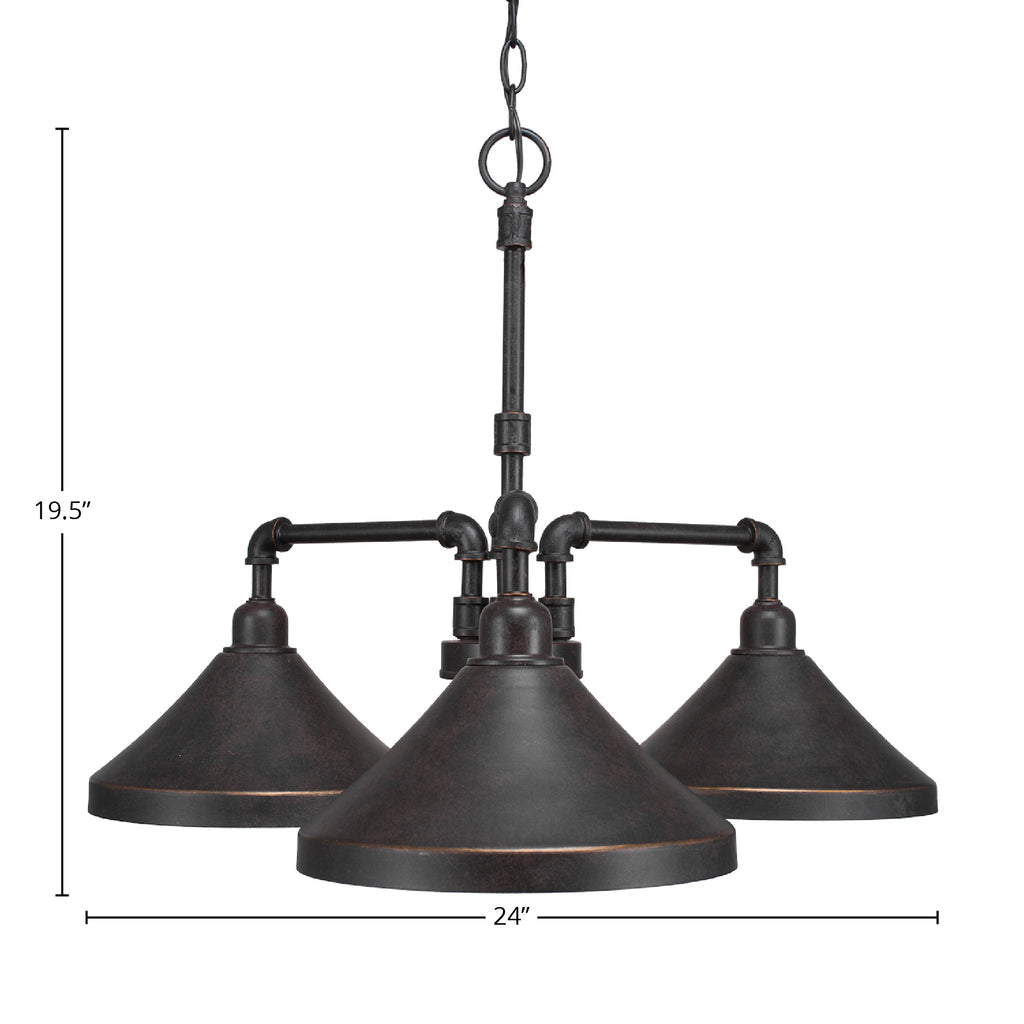 Vintage Three Light Chandelier in Dark Granite with 10" Dark Granite Cone Metal Shade Shade