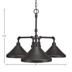 Vintage Three Light Chandelier in Dark Granite with 10" Dark Granite Cone Metal Shade Shade