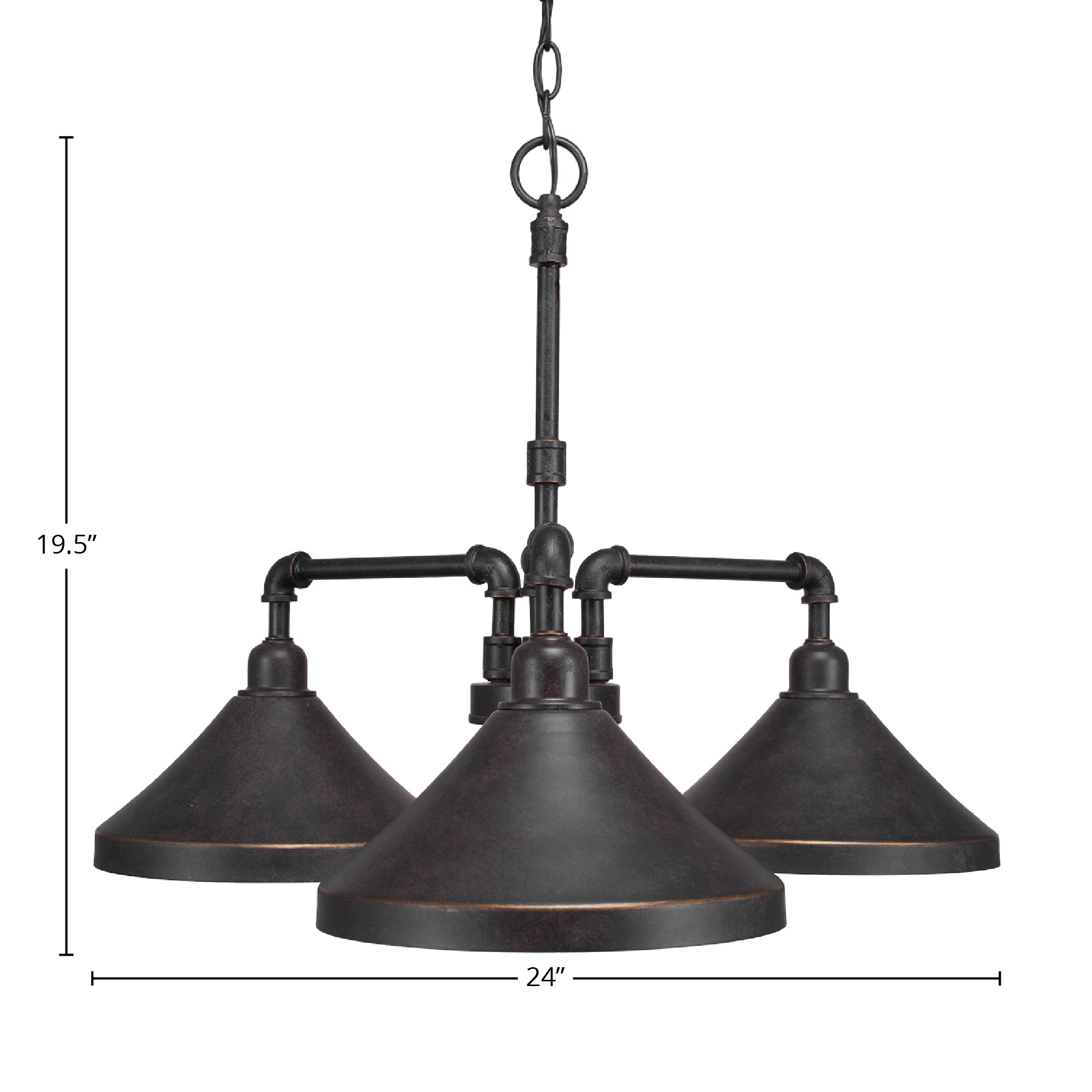 Vintage Three Light Chandelier in Dark Granite with 10" Dark Granite Cone Metal Shade Shade
