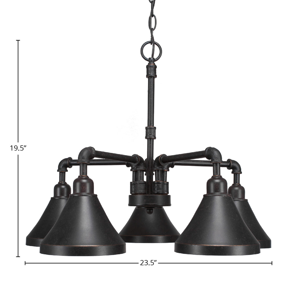 Vintage Five Light Chandelier in Dark Granite with 7" Dark Granite Cone Metal Shade Shade