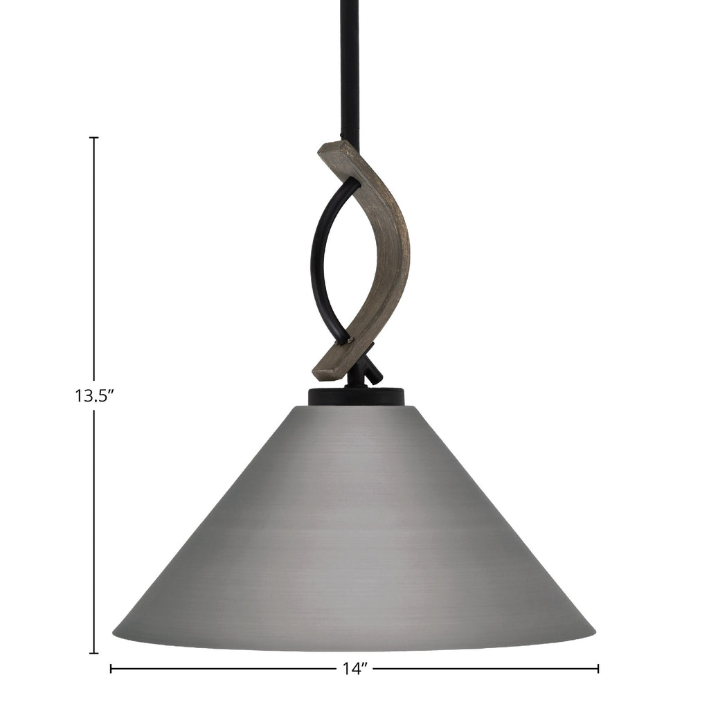 Monterey One Light Mini Pendant in Matte Black & Painted Distressed Wood-look Metal with 14" Brushed Nickel Cone Metal Shade Shade