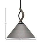 Monterey One Light Mini Pendant in Matte Black & Painted Distressed Wood-look Metal with 14" Brushed Nickel Cone Metal Shade Shade