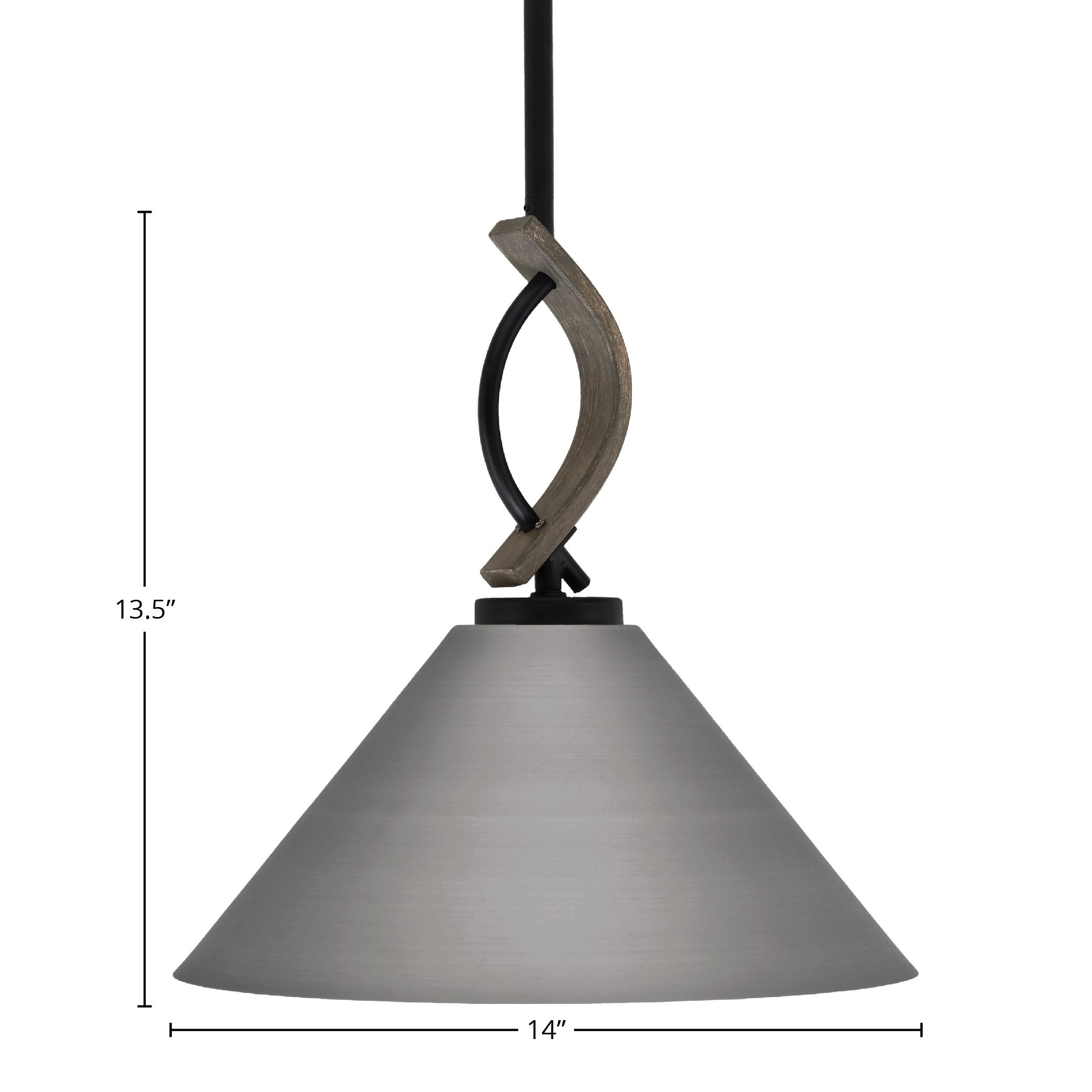 Monterey One Light Mini Pendant in Matte Black & Painted Distressed Wood-look Metal with 14" Brushed Nickel Cone Metal Shade Shade