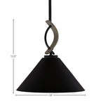 Monterey One Light Mini Pendant in Matte Black & Painted Distressed Wood-look Metal with 14" Matte Black Cone Metal Shade Shade