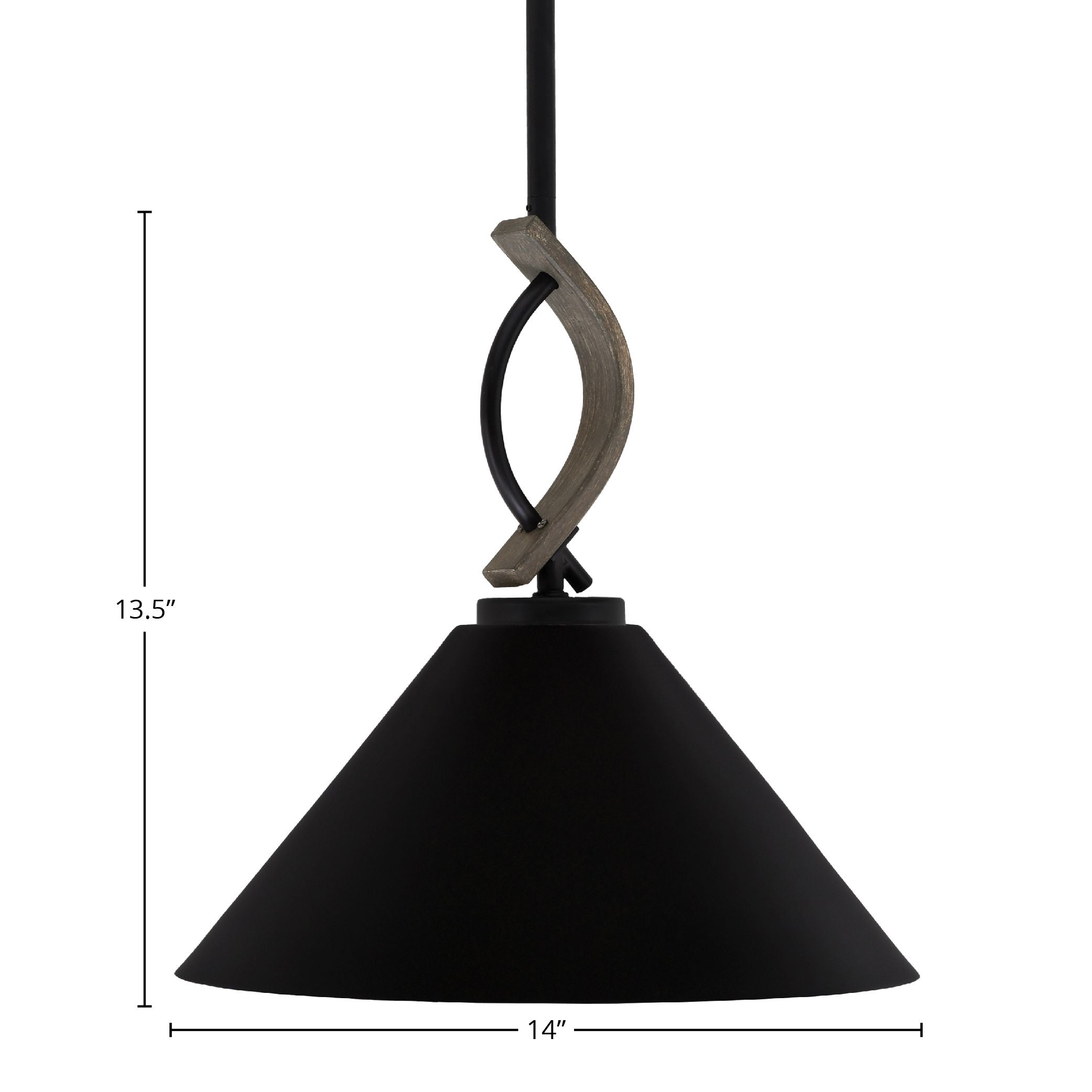 Monterey One Light Mini Pendant in Matte Black & Painted Distressed Wood-look Metal with 14" Matte Black Cone Metal Shade Shade