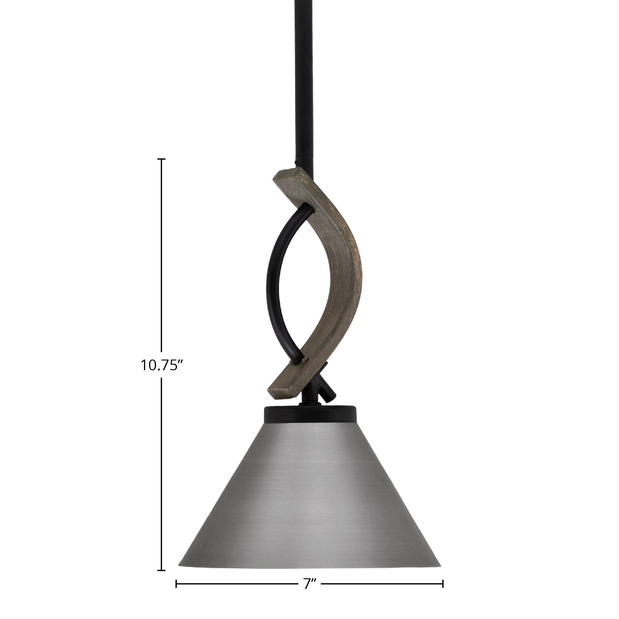 Monterey One Light Mini Pendant in Matte Black & Painted Distressed Wood-look Metal with 7" Brushed Nickel Cone Metal Shade Shade