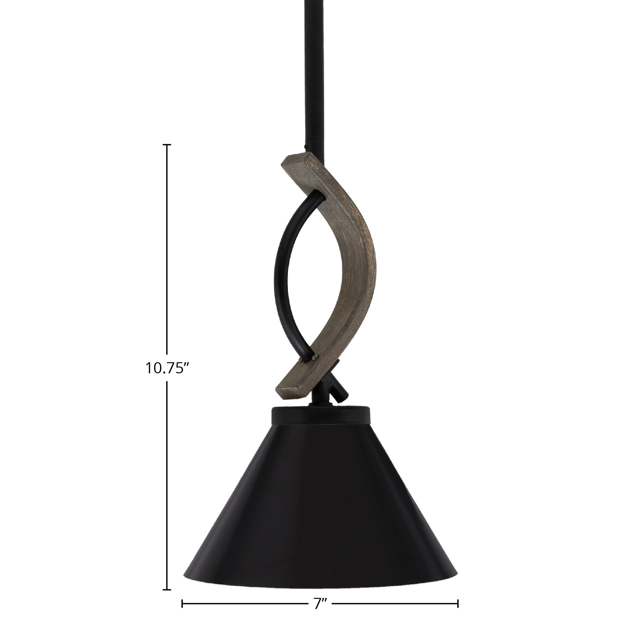Monterey One Light Mini Pendant in Matte Black & Painted Distressed Wood-look Metal with 7" Matte Black Cone Metal Shade Shade