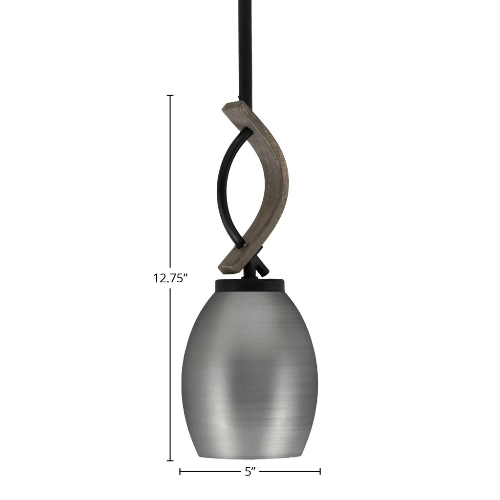 Monterey One Light Mini Pendant in Matte Black & Painted Distressed Wood-look Metal with 5" Brushed Nickel Oval Metal Shade Shade