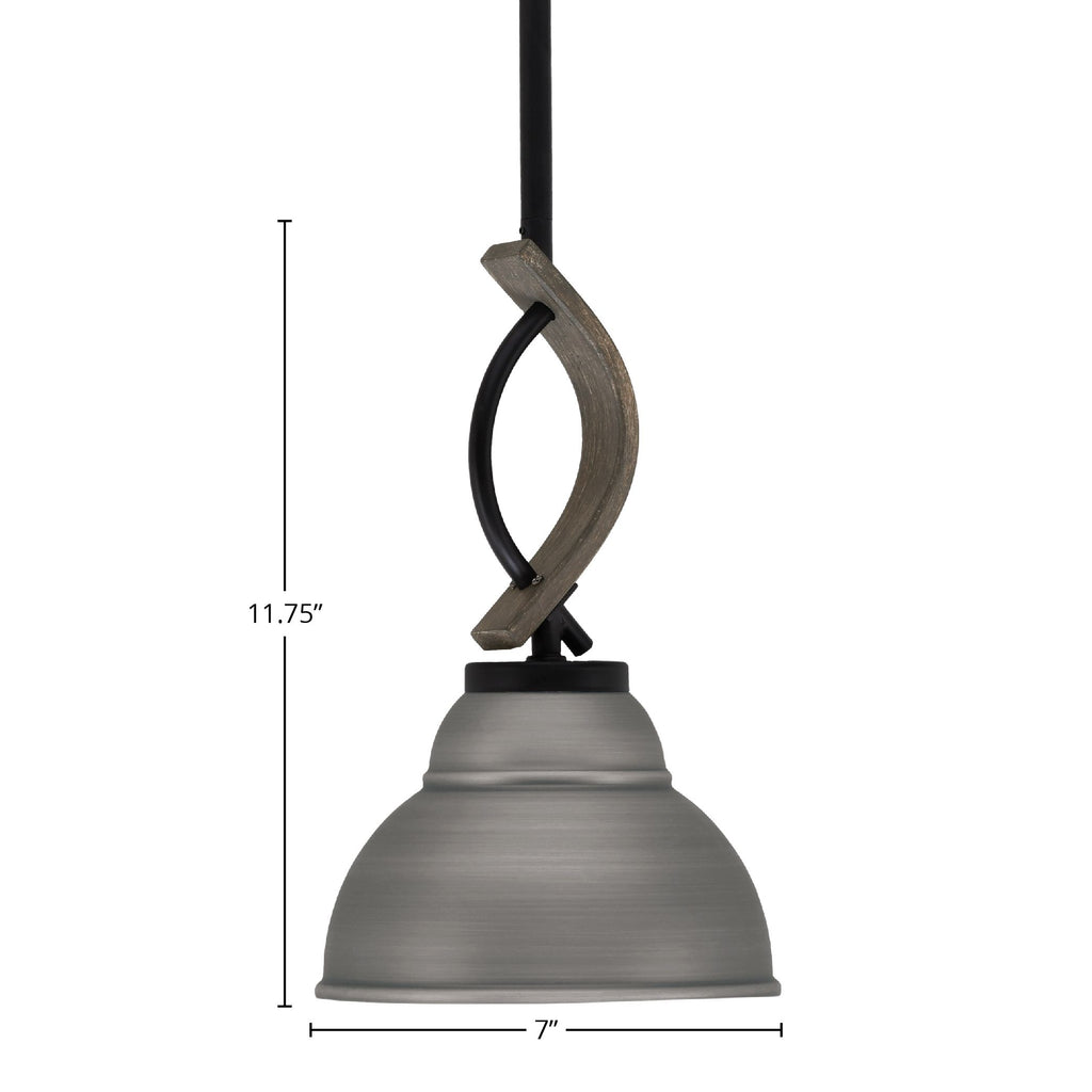 Monterey One Light Mini Pendant in Matte Black & Painted Distressed Wood-look Metal with 7" Brushed Nickel Double Bubble Metal Shade Shade