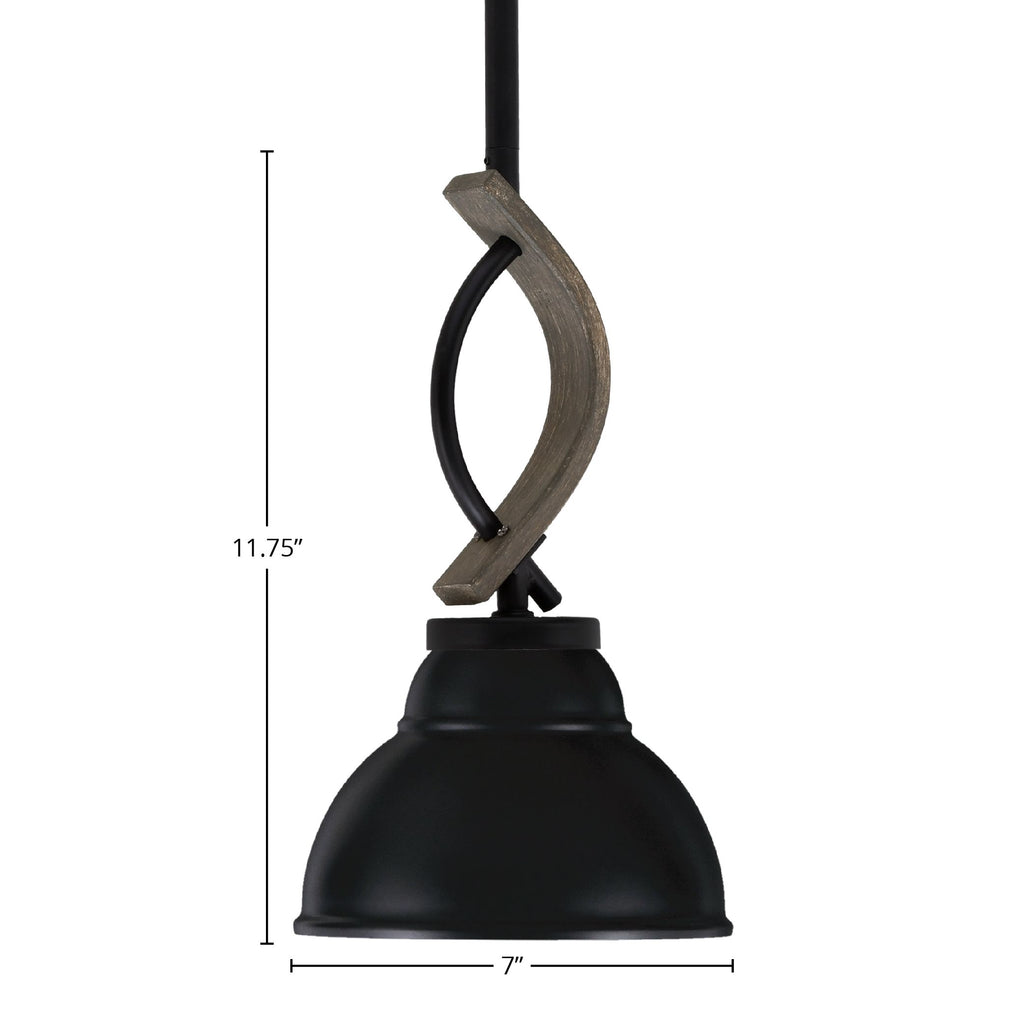 Monterey One Light Mini Pendant in Matte Black & Painted Distressed Wood-look Metal with 7" Matte Black Double Bubble Metal Shade Shade