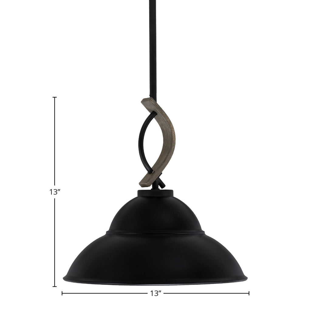 Monterey One Light Mini Pendant in Matte Black & Painted Distressed Wood-look Metal with 13" Matte Black Double Bubble Metal Shade Shade