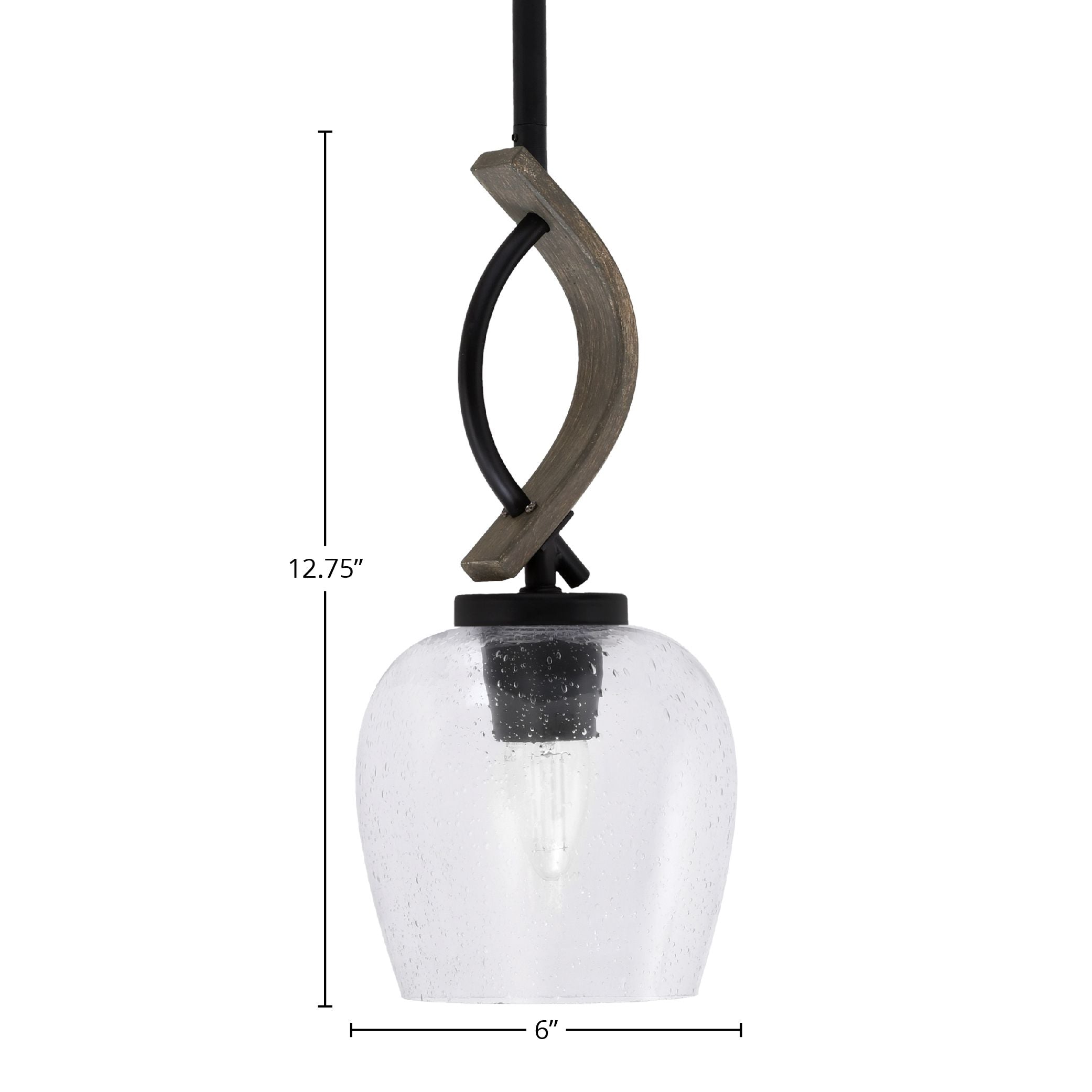 Monterey One Light Mini Pendant in Matte Black & Painted Distressed Wood-look Metal with 6" Clear Bubble Shade