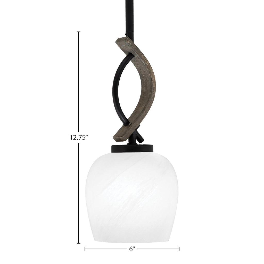 Monterey One Light Mini Pendant in Matte Black & Painted Distressed Wood-look Metal with 6" White Marble Shade
