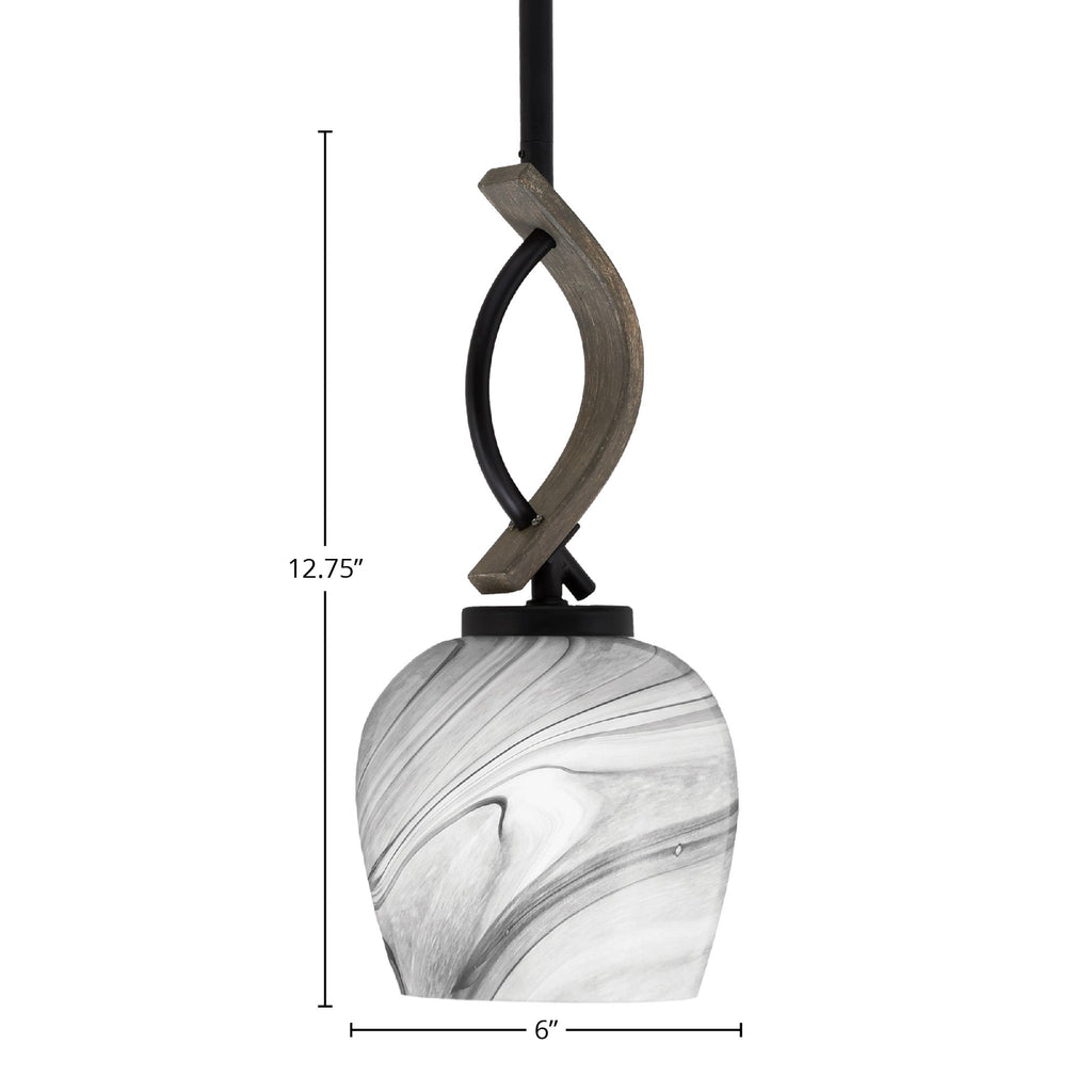 Monterey One Light Mini Pendant in Matte Black & Painted Distressed Wood-look Metal with 6" Onyx Swirl Shade