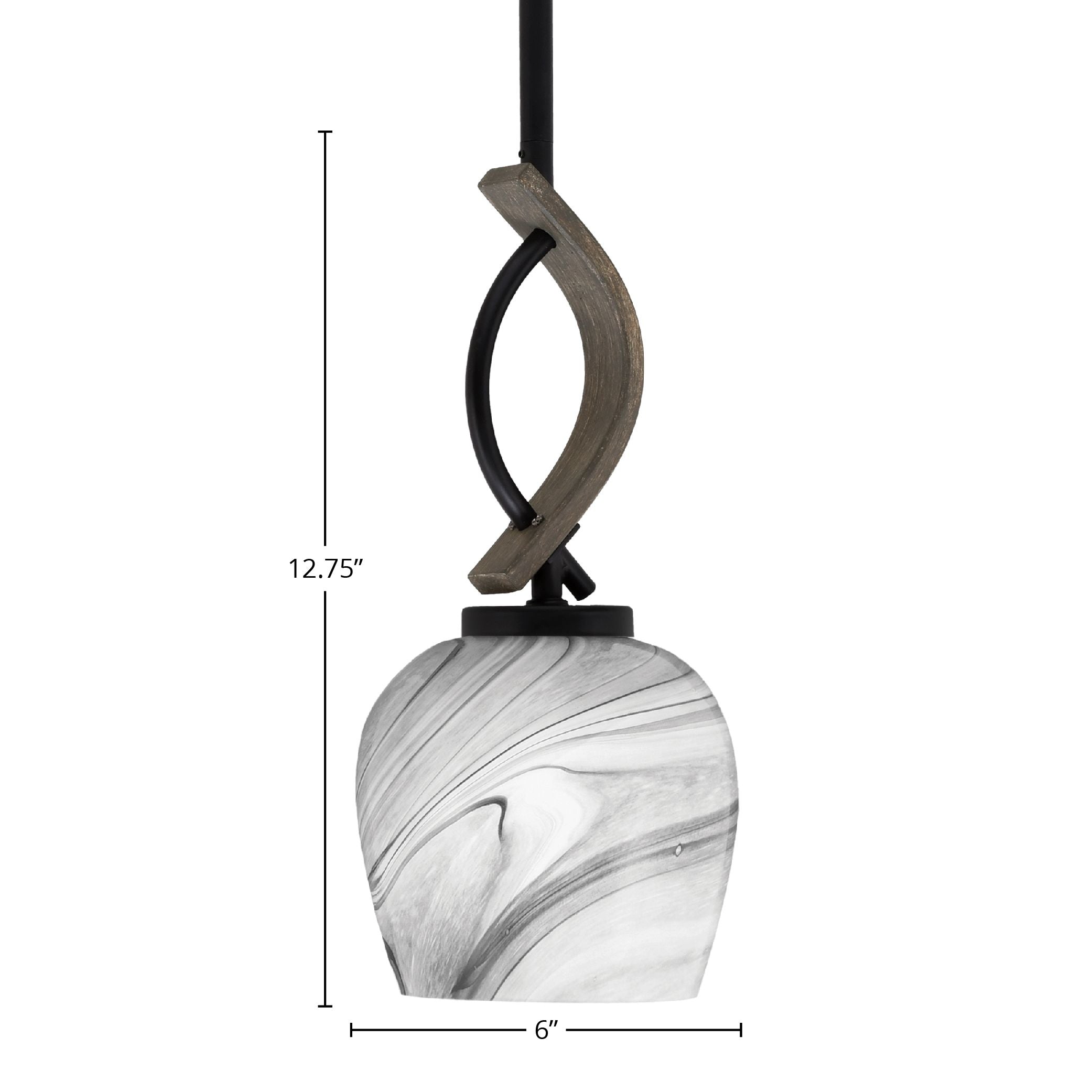 Monterey One Light Mini Pendant in Matte Black & Painted Distressed Wood-look Metal with 6" Onyx Swirl Shade