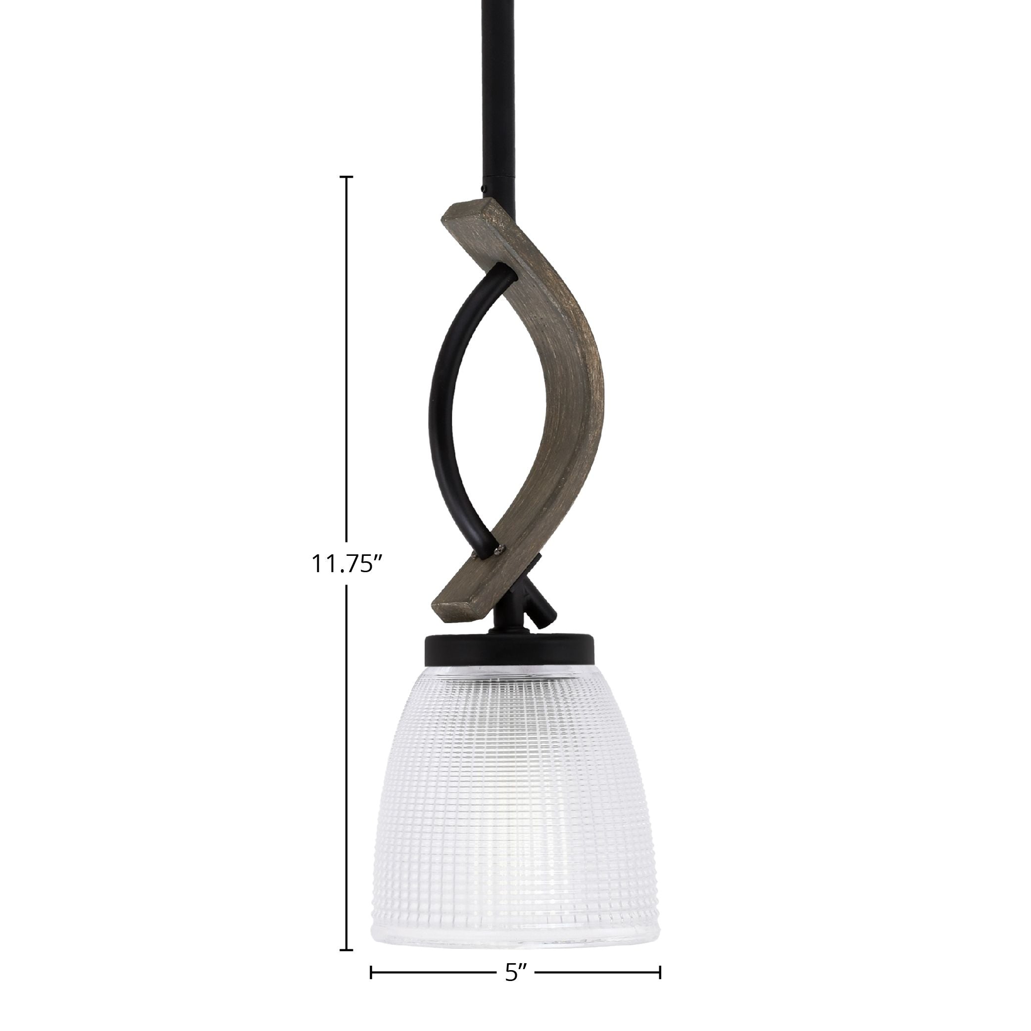 Monterey One Light Mini Pendant in Matte Black & Painted Distressed Wood-look Metal with 5" Clear Ribbed Shade
