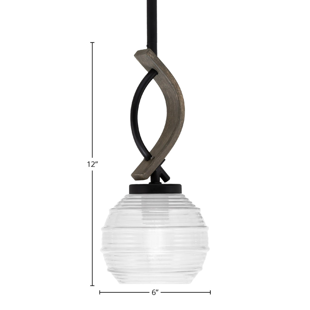 Monterey One Light Mini Pendant in Matte Black & Painted Distressed Wood-look Metal with 6" Clear Ribbed Shade