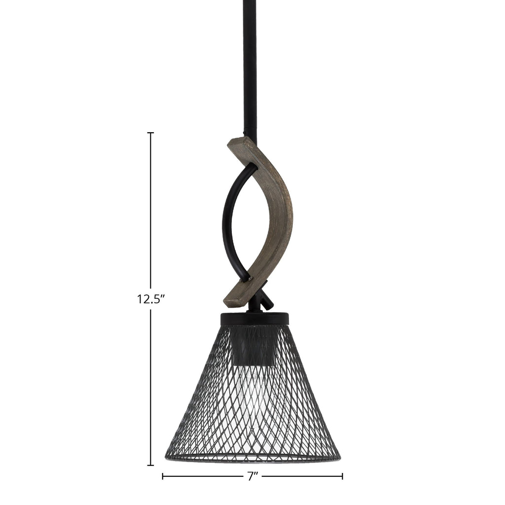 Monterey One Light Mini Pendant in Matte Black & Painted Distressed Wood-look Metal with 7" Matte Black Cone Mesh Metal Shade Shade