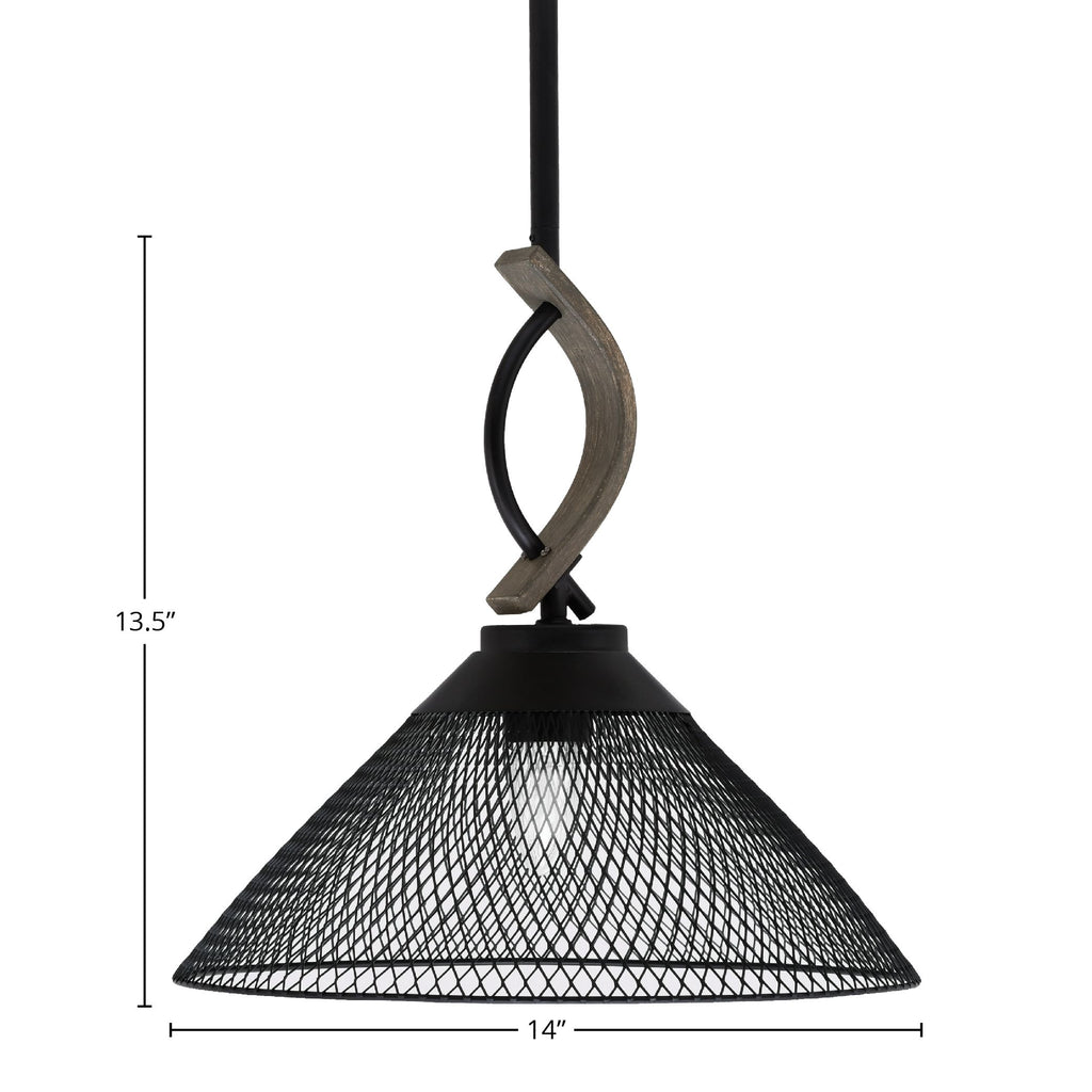 Monterey One Light Mini Pendant in Matte Black & Painted Distressed Wood-look Metal with 14" Matte Black Cone Mesh Metal Shade Shade