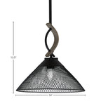 Monterey One Light Mini Pendant in Matte Black & Painted Distressed Wood-look Metal with 14" Matte Black Cone Mesh Metal Shade Shade