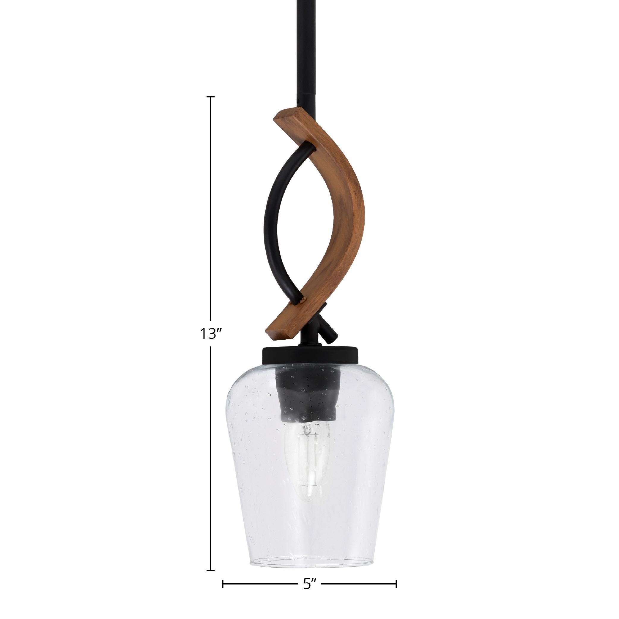 Monterey One Light Mini Pendant in Matte Black & Painted Wood-look Metal with 5" Clear Bubble Shade