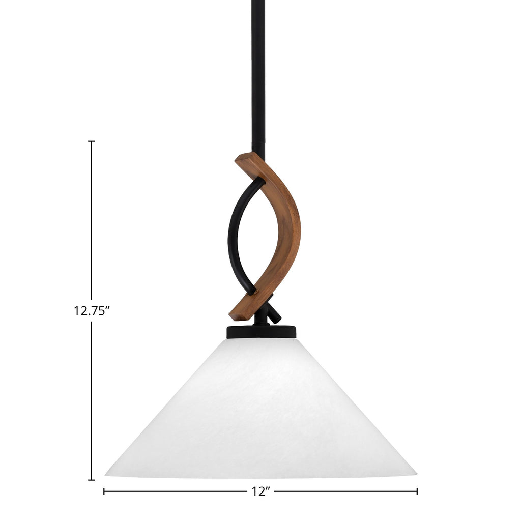 Monterey One Light Mini Pendant in Matte Black & Painted Wood-look Metal with 12" White Marble Shade