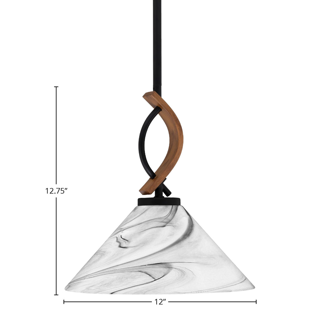 Monterey One Light Mini Pendant in Matte Black & Painted Wood-look Metal with 12" Onyx Swirl Shade