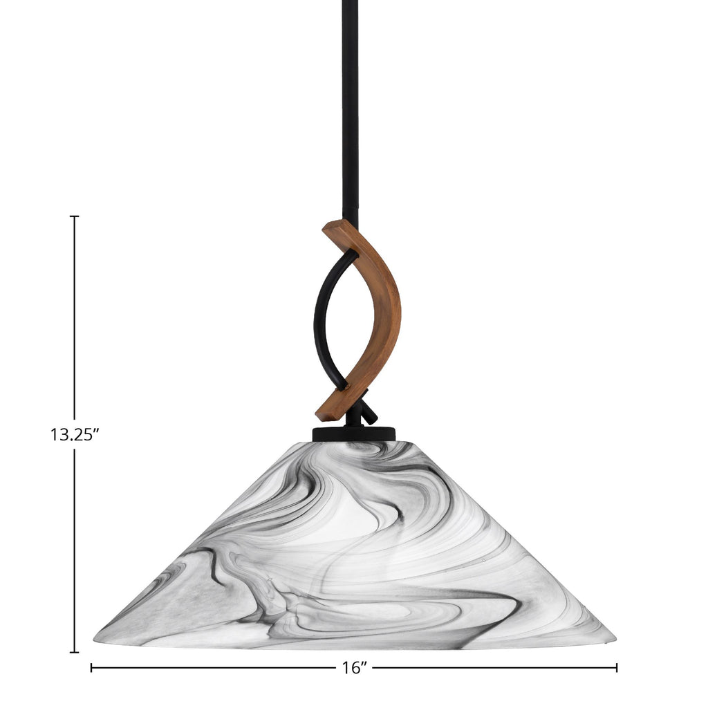 Monterey One Light Mini Pendant in Matte Black & Painted Wood-look Metal with 16" Onyx Swirl Shade