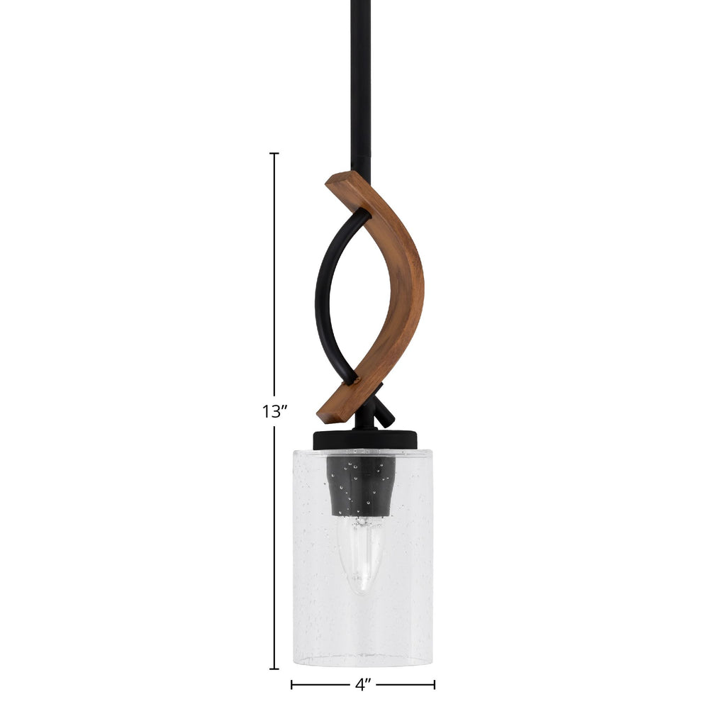 Monterey One Light Mini Pendant in Matte Black & Painted Wood-look Metal with 4" Clear Bubble Shade