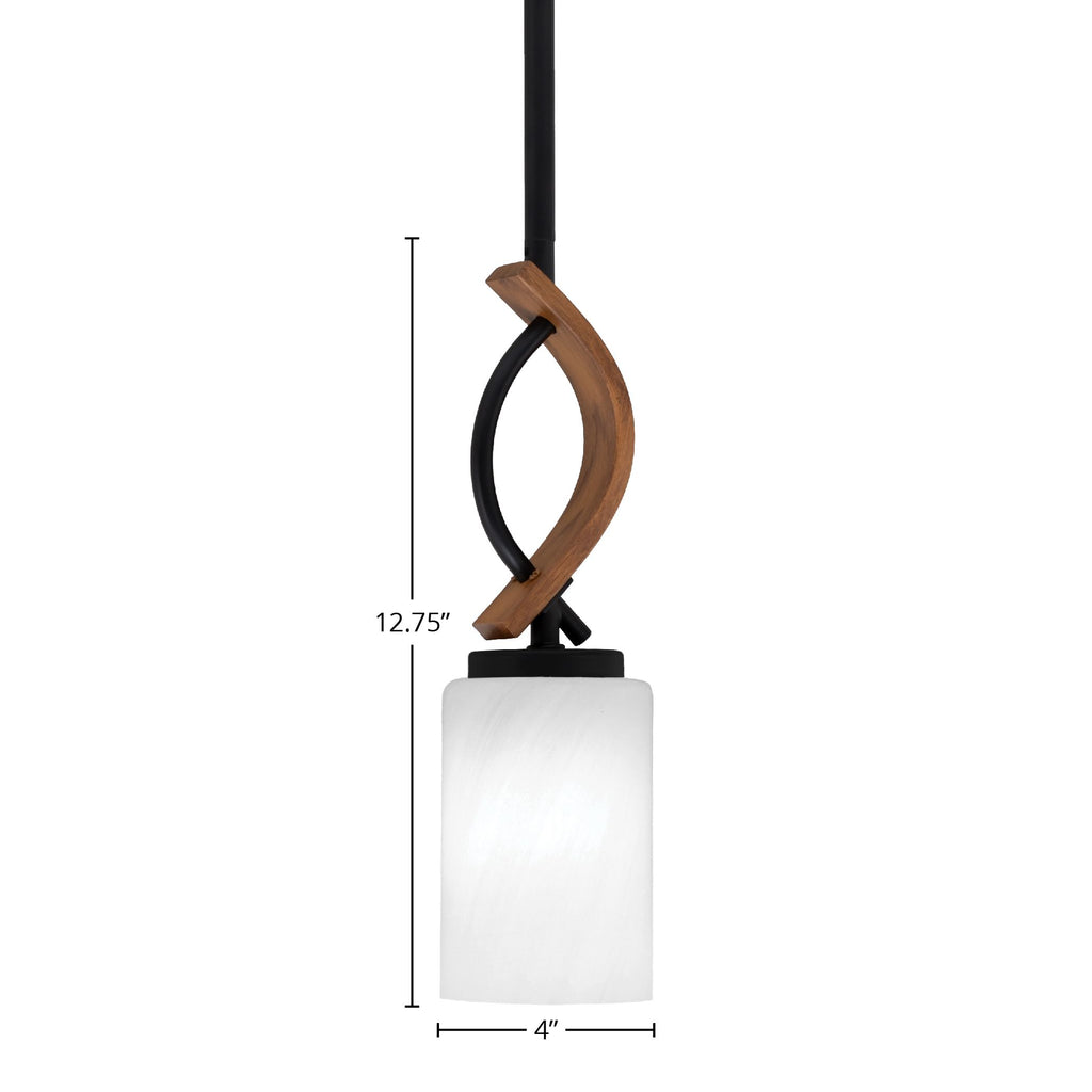 Monterey One Light Mini Pendant in Matte Black & Painted Wood-look Metal with 4" White Marble Shade