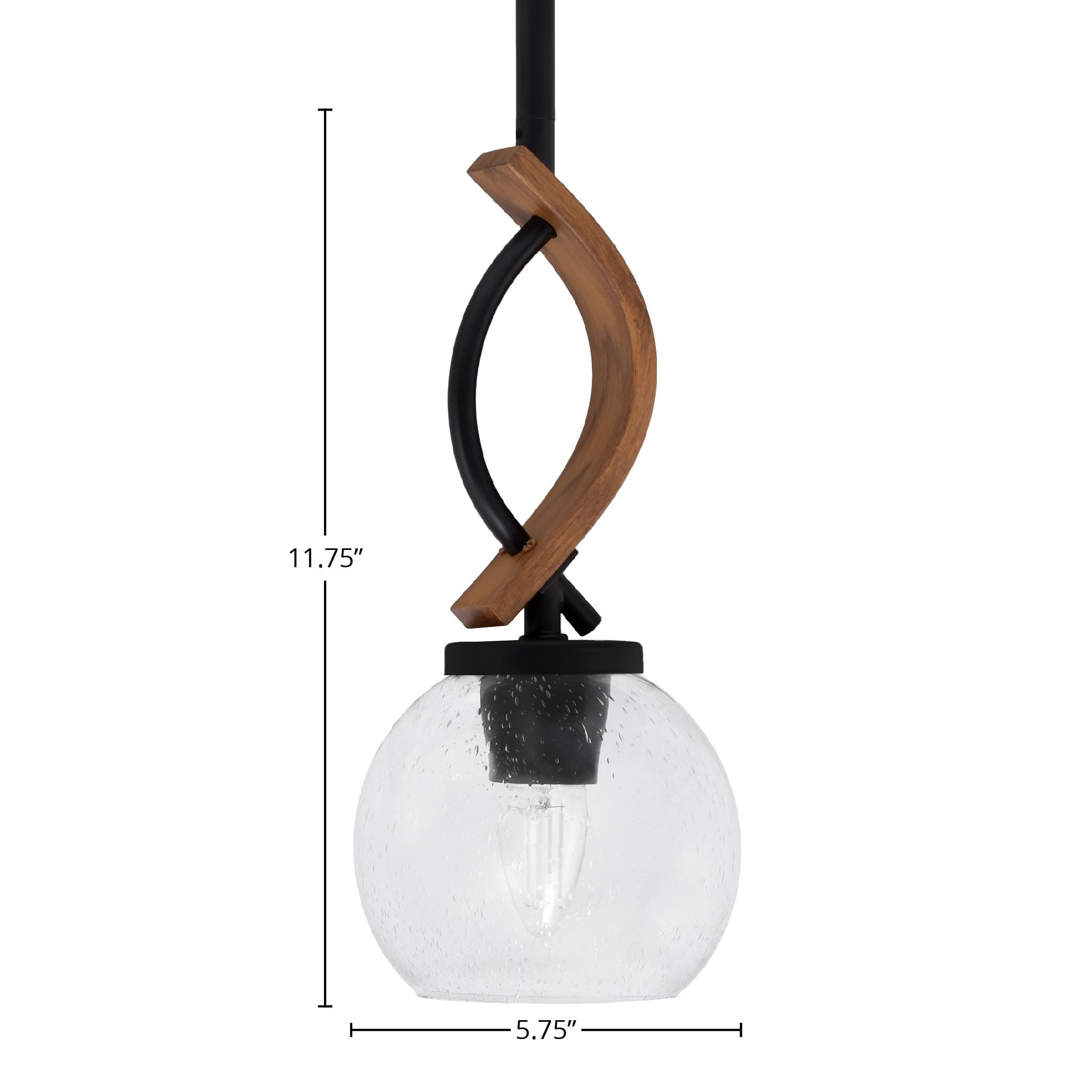 Monterey One Light Mini Pendant in Matte Black & Painted Wood-look Metal with 75" Clear Bubble Glass Shade