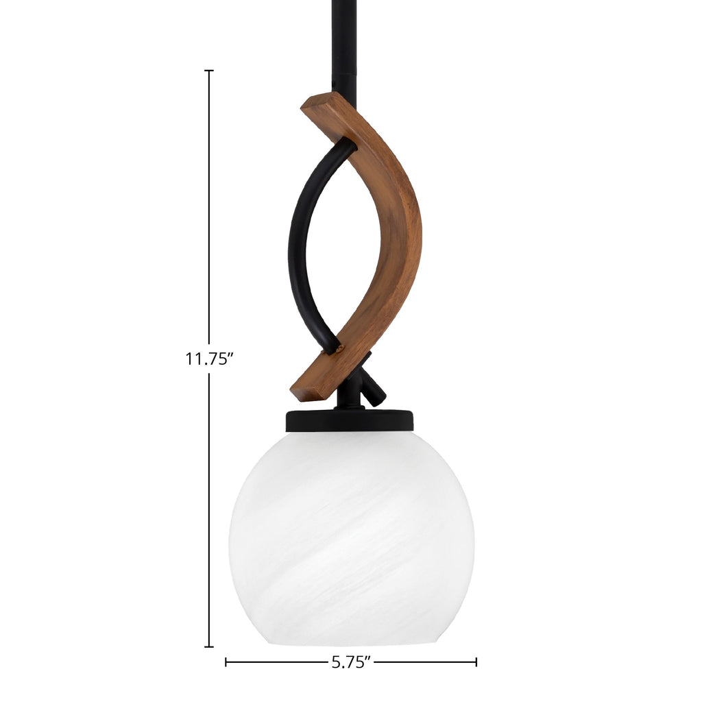 Monterey One Light Mini Pendant in Matte Black & Painted Wood-look Metal with 75" White Marble Glass Shade
