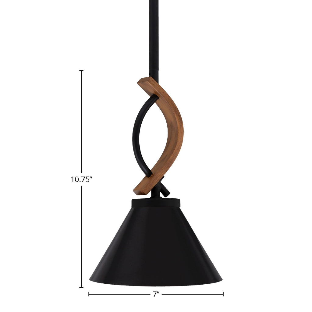 Monterey One Light Mini Pendant in Matte Black & Painted Wood-look Metal with 7" Matte Black Cone Metal Shade Shade