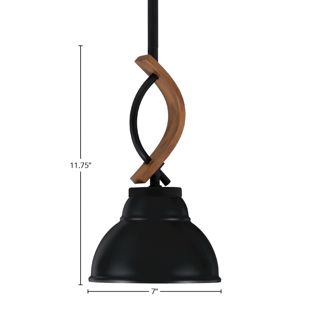 Monterey One Light Mini Pendant in Matte Black & Painted Wood-look Metal with 7" Matte Black Double Bubble Metal Shade Shade