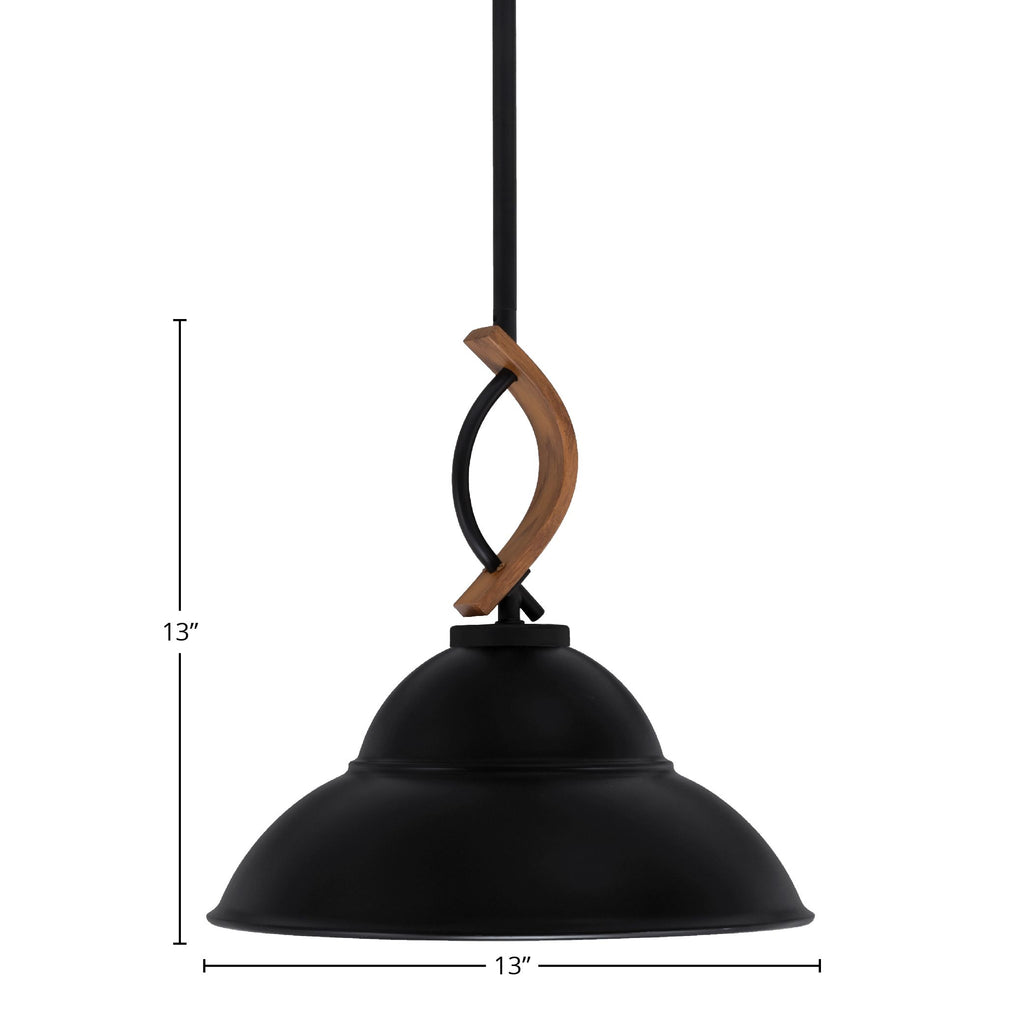 Monterey One Light Mini Pendant in Matte Black & Painted Wood-look Metal with 13" Matte Black Double Bubble Metal Shade Shade