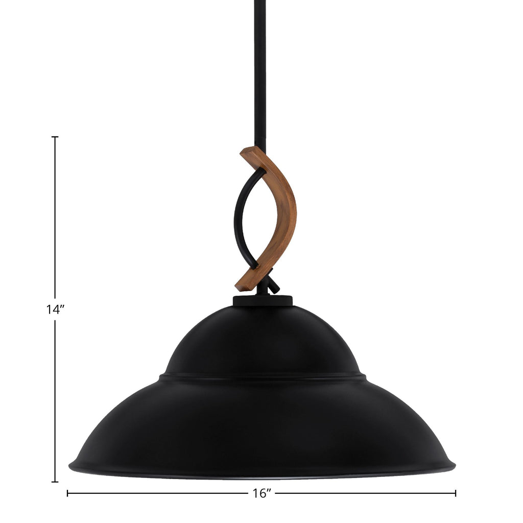 Monterey One Light Mini Pendant in Matte Black & Painted Wood-look Metal with 16" Matte Black Double Bubble Metal Shade Shade