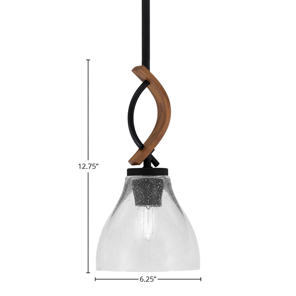 Monterey One Light Mini Pendant in Matte Black & Painted Wood-look Metal with 25" Clear Bubble Glass Shade