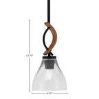 Monterey One Light Mini Pendant in Matte Black & Painted Wood-look Metal with 25" Clear Bubble Glass Shade