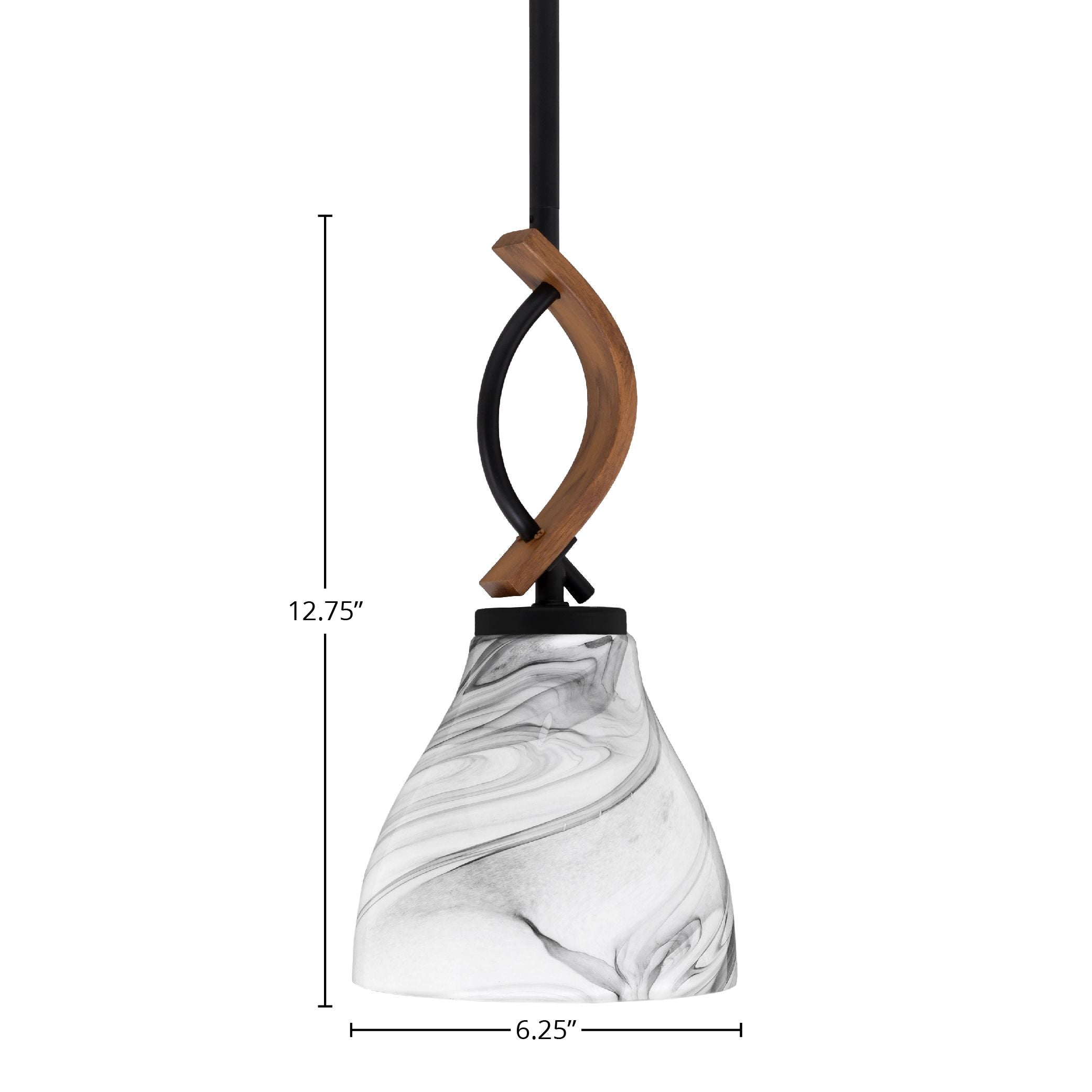 Monterey One Light Mini Pendant in Matte Black & Painted Wood-look Metal with 25" Onyx Swirl Glass Shade