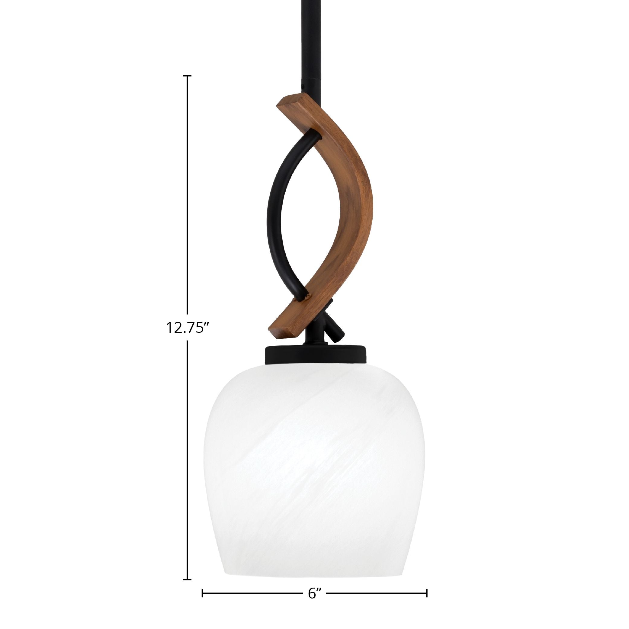 Monterey One Light Mini Pendant in Matte Black & Painted Wood-look Metal with 6" White Marble Glass Shade