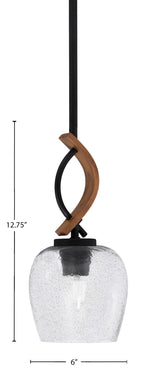 Monterey One Light Mini Pendant in Matte Black & Painted Wood-look Metal with 6" Smoke Bubble Shade
