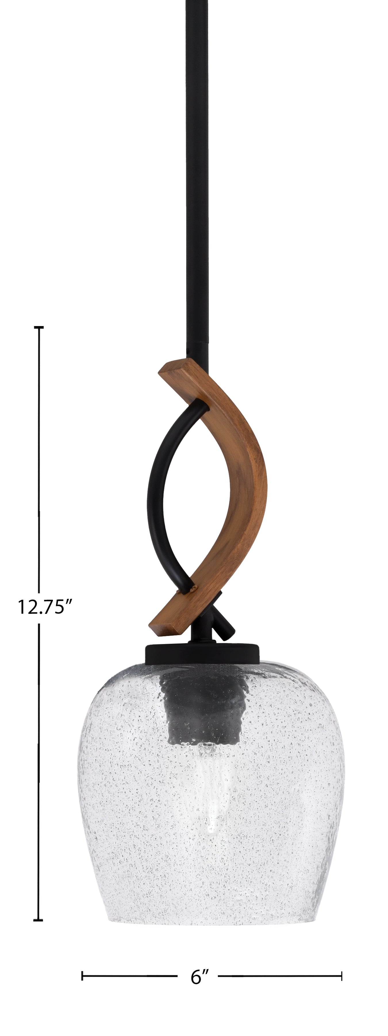 Monterey One Light Mini Pendant in Matte Black & Painted Wood-look Metal with 6" Smoke Bubble Shade