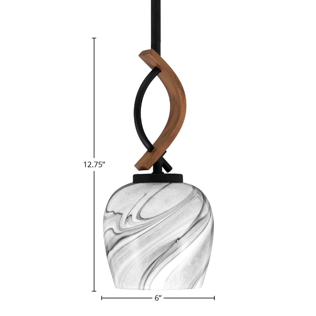 Monterey One Light Mini Pendant in Matte Black & Painted Wood-look Metal with 6" Onyx Swirl Shade