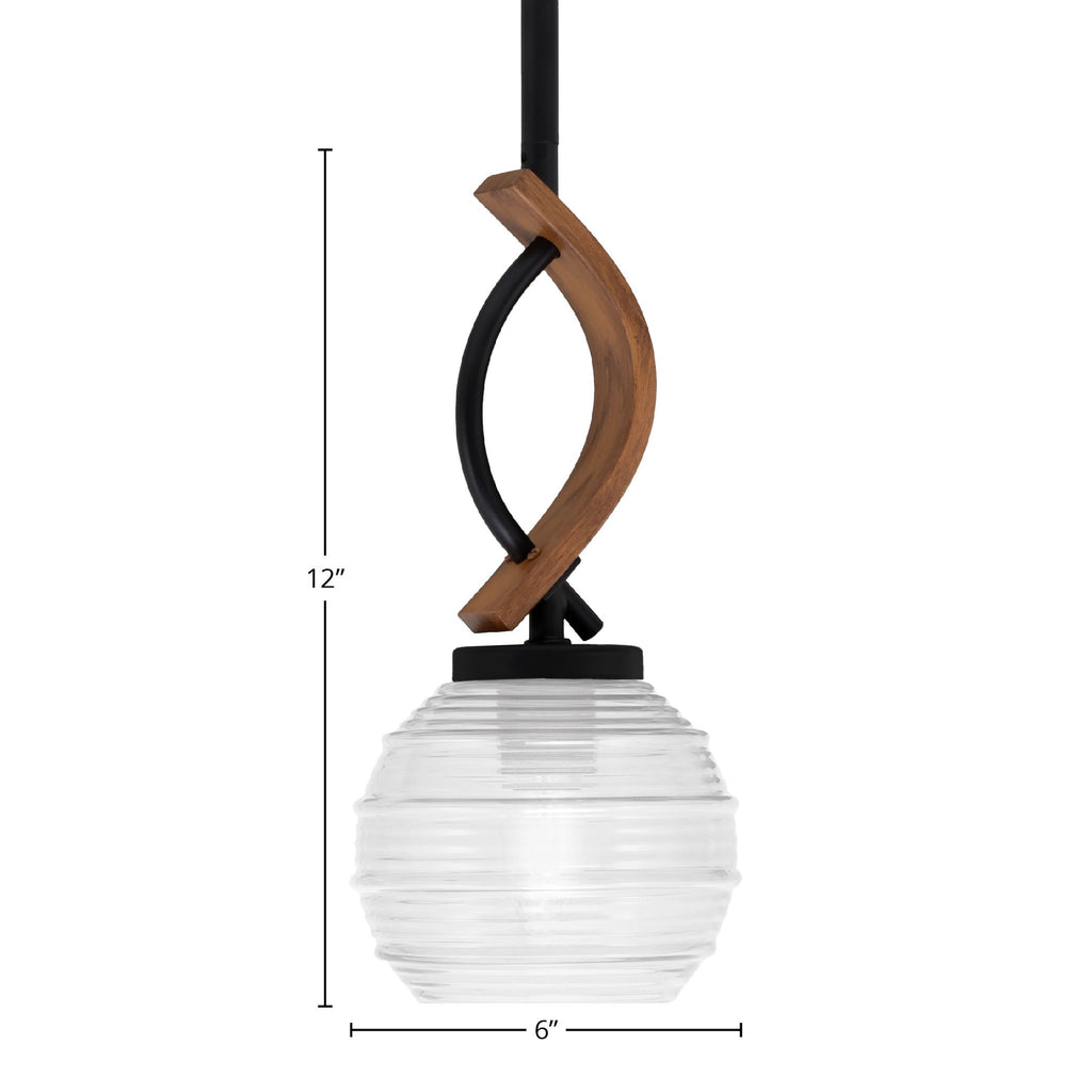 Monterey One Light Mini Pendant in Matte Black & Painted Wood-look Metal with 6" Clear Ribbed Shade
