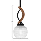 Monterey One Light Mini Pendant in Matte Black & Painted Wood-look Metal with 6" Clear Ribbed Shade