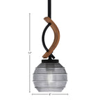 Monterey One Light Mini Pendant in Matte Black & Painted Wood-look Metal with 6" Smoke Ribbed Shade